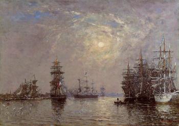 尤金 佈丹 Le Havre, European Basin, Sailing Ships at Anchor, Sunset 尤金 佈丹 Le Havre, European Basin, Sailing Ships at Anchor, Sunset